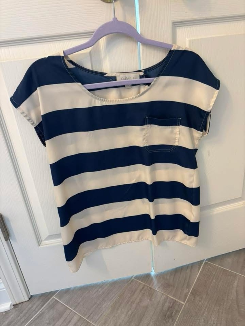 Navy and Cream Striped Short Sleeve Blouse